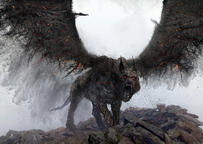 wings, glowing eyes, ArtStation, digital art, fangs, red eyes, hounds, dog, wolf, creature, white background, artwork, drawing, Andrei Riabovitchev