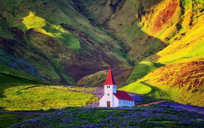 Yiannis Pavlis, summer, shadow, hills, Iceland, sunlight, flowers, landscape, church