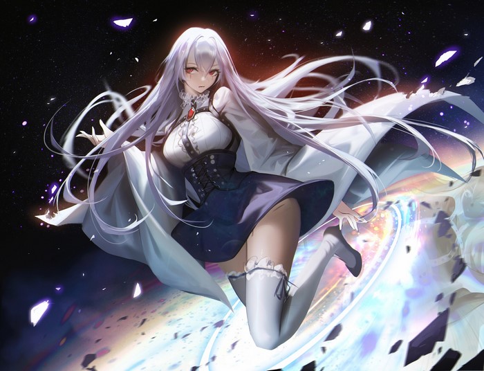 fantasy girl, anime, Tang 22, fantasy art, stockings, red eyes, dress, legs, anime girls, long hair, purple hair