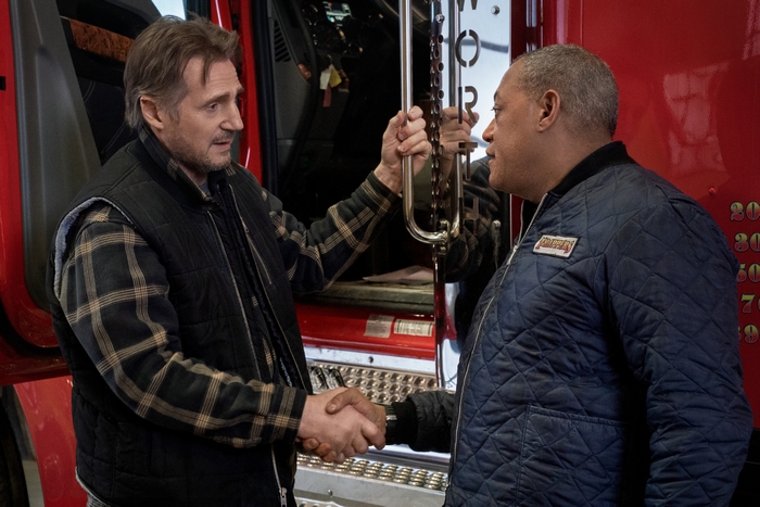 Liam Neeson and Laurence Fishburne in The Ice Road