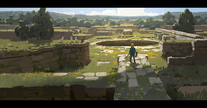 ruins, fantasy art, Jad Saber, animals, sword, trees, digital art, artwork, ArtStation, shield, landscape