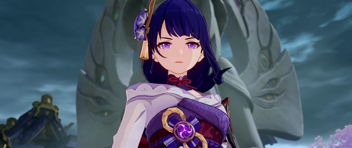 Raiden Shogun (Genshin Impact), purple eyes, blue hair, anime girls, anime, Japanese clothes, Genshin Impact