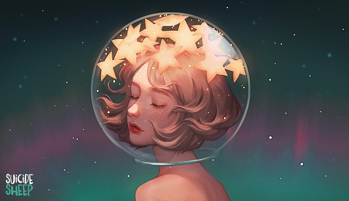 brunette, artwork, red lipstick, fantasy art, astronaut, stars, closed eyes
