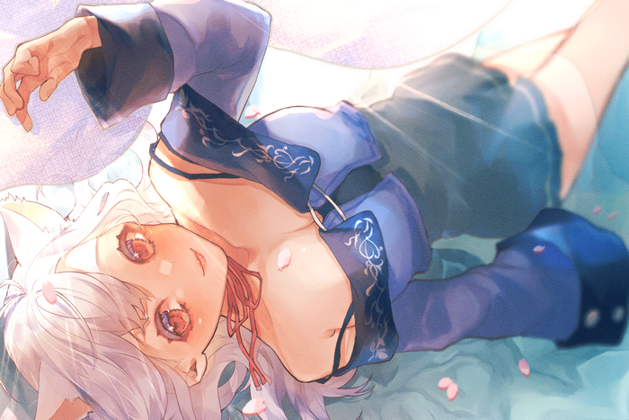 looking at viewer, ribbons, cat ears, curtains, blonde, red eyes, petals, long hair, anime girls, anime
