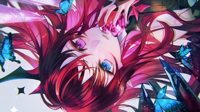 4K, heterochromia, red nails, anime girls, anime, butterfly, crystal, long hair, redhead, apples, long nails, Hololive, IRyS (character), looking at viewer