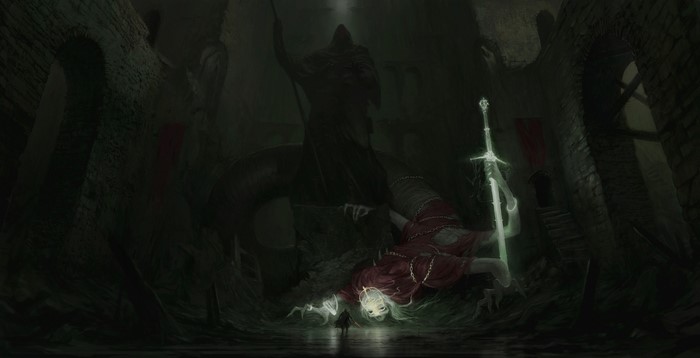 Artem Demura, digital art, dark fantasy, crown, sword, dark, fantasy art, statue, creature