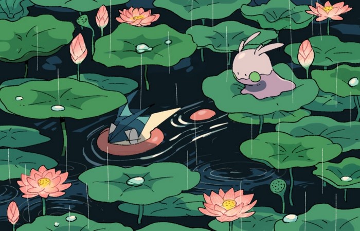 Goomy and Greninja Among Rainy Lily Pads