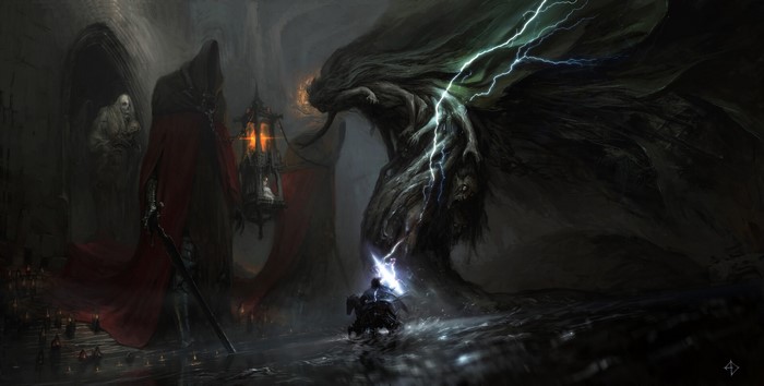 lantern, horse, Artem Demura, dark, lightning, statue, creature, fantasy art, giant, sword, digital art