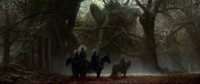 forest, Artem Demura, digital art, spear, horse, ruins, Four Horsemen of the Apocalypse, fantasy art, dark, creature, trees