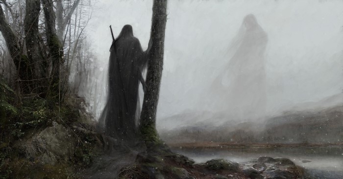 Artem Demura, giant, mist, dark, sword, digital art, trees, fantasy art