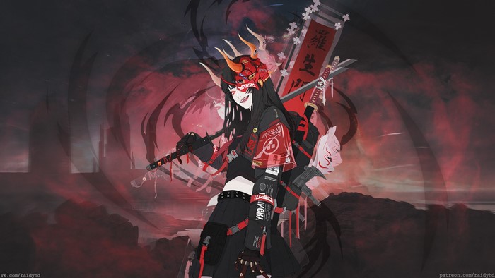4K, tongue out, sword, girls with swords, anime, anime girls, tongues, fantasy girl, weapon, horns, fantasy art