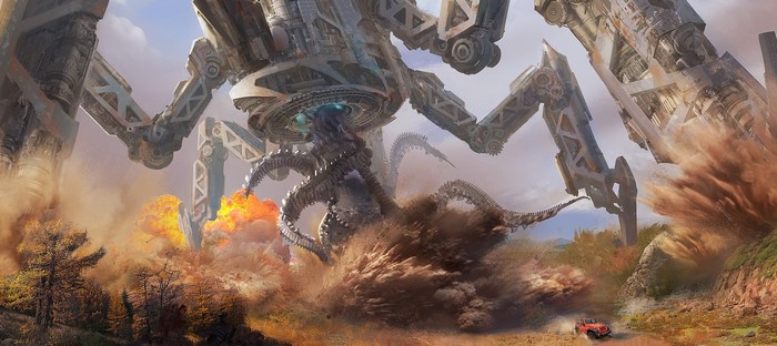 trees, Transformers, Jeep, explosion, SY-37, fantasy art, digital art