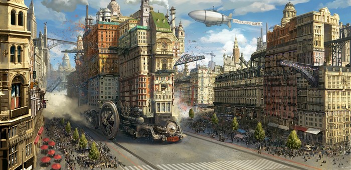cityscape, airships, steampunk, fantasy city, digital art, SY-37, fantasy art, landscape