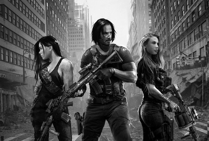 Shai Daniel, John Wick, digital art, assault rifle, grenade launchers, looking away, ArtStation, girls with guns, women, Keanu Reeves, men, concept art, two women, drawing