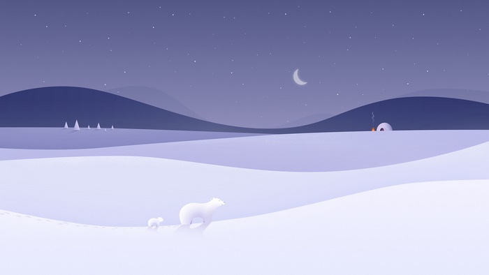 Minimalist winter night landscape with polar bears