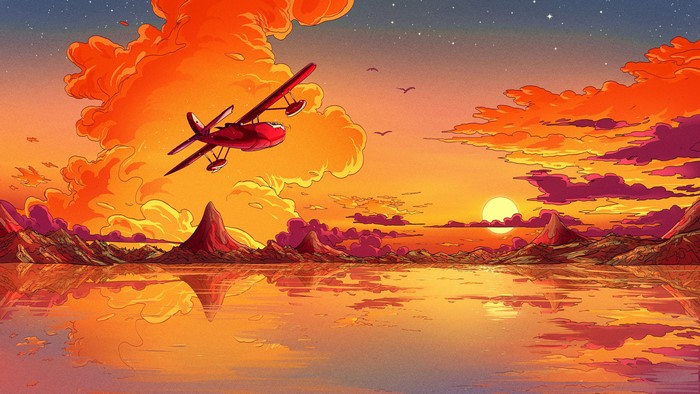 4K, sunset, digital art, mountains, lake, planes, Christian Benavides
