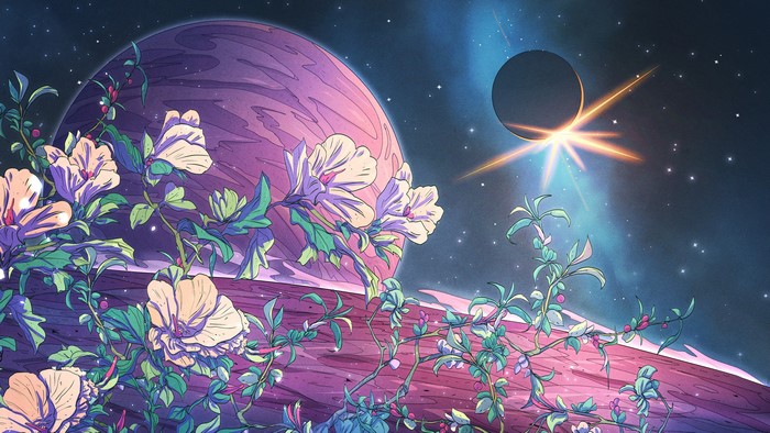 4K, planet, Christian Benavides, eclipse, digital art, space, stars, fantasy art, flowers