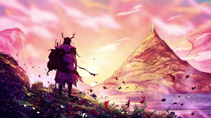 4K, mountains, fantasy art, Christian Benavides, traveler, flowers, digital art, men