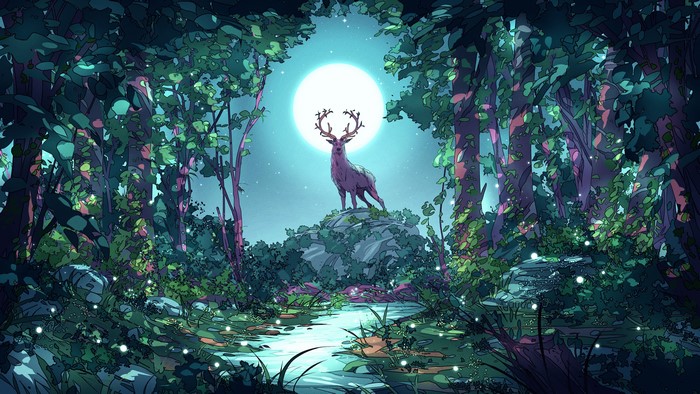 4K, forest, digital art, Moon, fantasy art, Christian Benavides, stream, deer, night