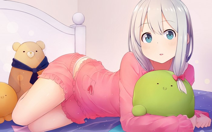 Akky, anime girls, in bed, loli, silver hair, Izumi Sagiri, Eromanga-sensei