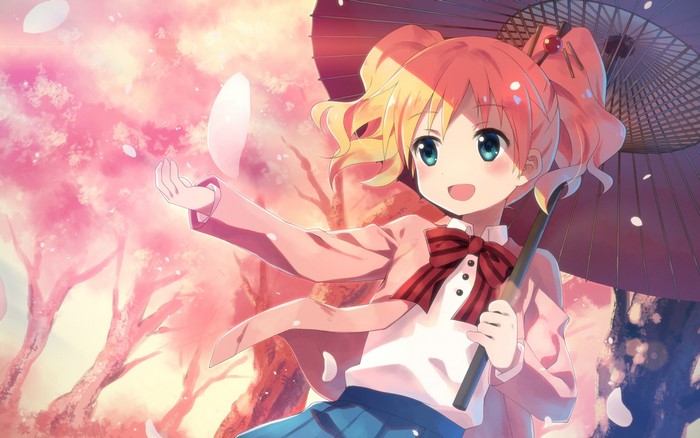 Alice Cartelet, artwork, pigtails, smile, blonde, cherry blossom, Yuuki Tatsuya, umbrella, Kin-Iro Mosaic, anime girls
