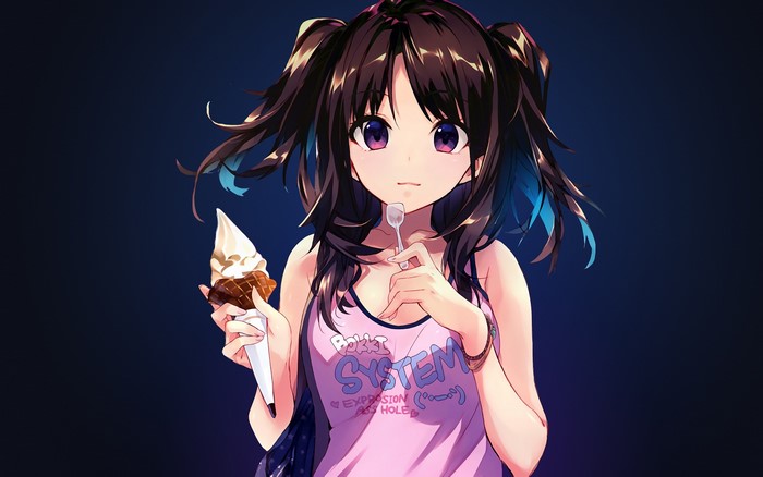 Sushikuugo, brunette, anime girls, ice cream, tank top, purple eyes