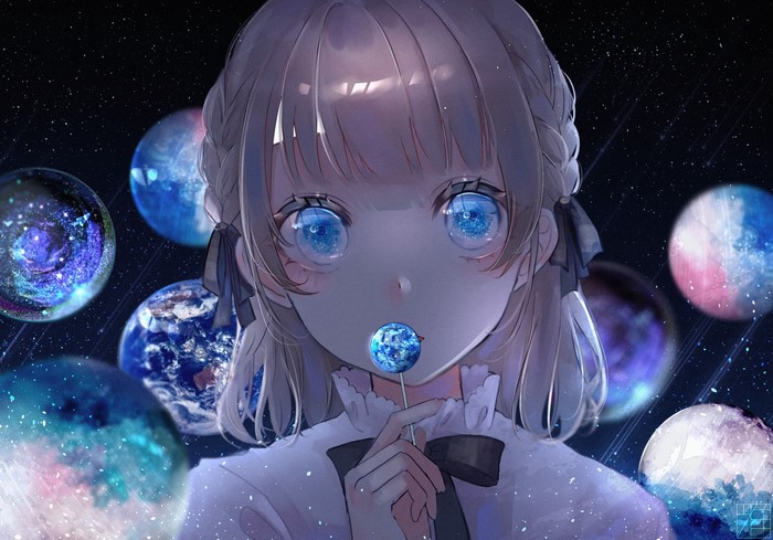 blue eyes, blonde, universe, space, planet, stars, anime, anime girls, scrunchy, candy, shoulder length hair, ribbons, short hair