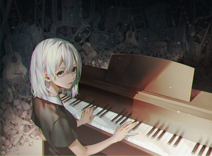 blonde, trash, short hair, piano, anime girls, green eyes, anime, guitar, pianists