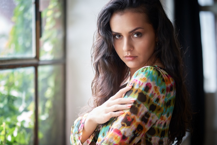 Brunette Model in Colorful Patterned Dress 4K