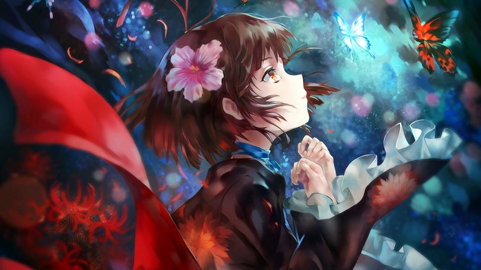 4K, insect, azomo, Mumei, butterfly, face, flower in hair, brunette, anime girls, flowers, animals, profile, plants, Koutetsujou no Kabaneri, anime