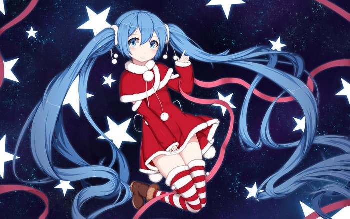 looking at viewer, stars, smiling, Hatsune Miku, anime girls, legs together, blue eyes, stockings, striped stockings, Christmas, Vocaloid, blue background, anime, long hair, twintails, blue hair, holiday, Santa girl, red dress