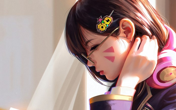 looking away, anime girls, simple background, face, Asian, headphones, D.Va (Overwatch), Korean women, women, PC gaming, video game girls, women with glasses, brunette
