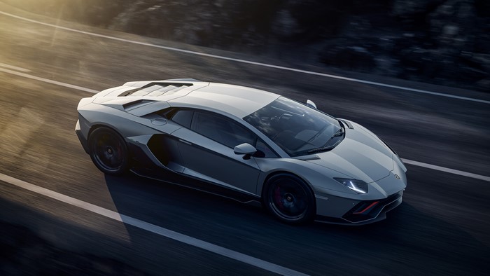 4K, motion blur, road, Lamborghini Aventador LP-780-4, supercars, Italian Supercars, vehicle, sunset, silver cars, Lamborghini