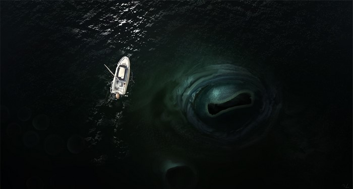 squids, sea, boat, artwork
