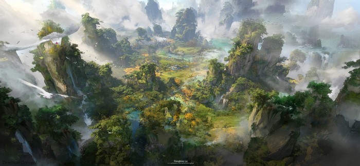 4K, birds, landscape, Dongbiao Lu, mountains, clouds, ruins, digital art, forest