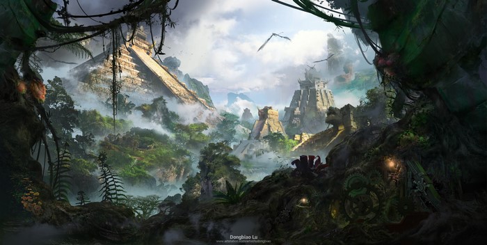 4K, digital art, birds, ruins, forest, jungle, landscape, mountains, Dongbiao Lu, clouds
