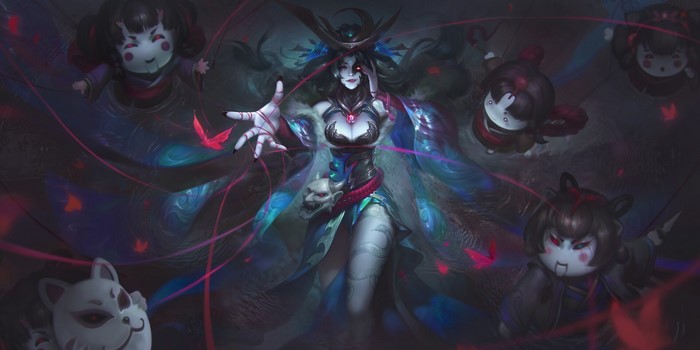 centered, smiling, frontal view, horns, glowing eyes, mask, bare shoulders, hands, arms reaching, exia xiaotong, doll, dress, looking at viewer, tongue out, cleavage, creepy, open arms, flying