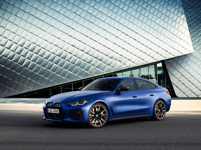 Blue BMW i4 electric car