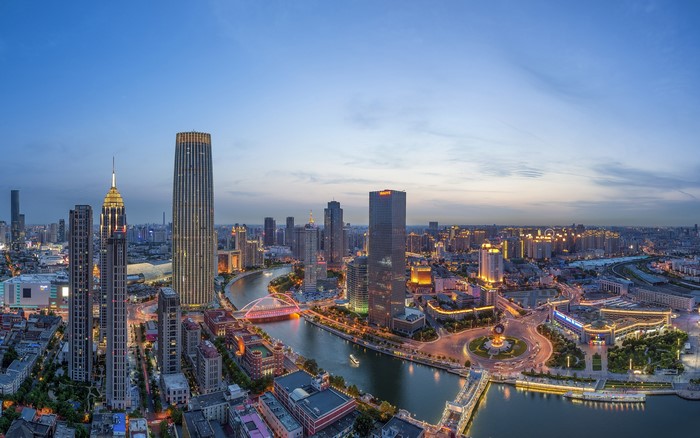 4K, city lights, chinese city, China, Haihe River, Tianjin