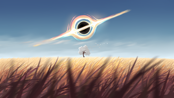 clouds, event horizon, petals, sky, digital art, field, black holes