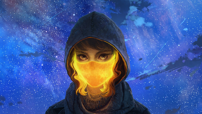 night, stars, hoods, mask, curly hair, glowing, women, sky
