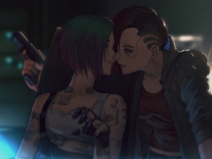 Handgun, drawing, video game art, Cyberpunk 2077, tattoo, girls with guns, video game characters, cyberpunk, digital art, video game girls, fan art, video games, Yorukun, Female V, Judy Alvarez