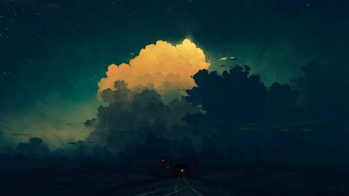 BisBiswas, midnight, digital painting, tunnel, sky, clouds, train