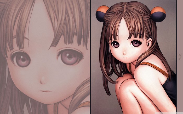 Murata Range, digital art, brown eyes, squatting, brunette, tank top, anime, long hair