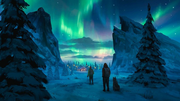 snow, artwork, nature, Aurora, winter