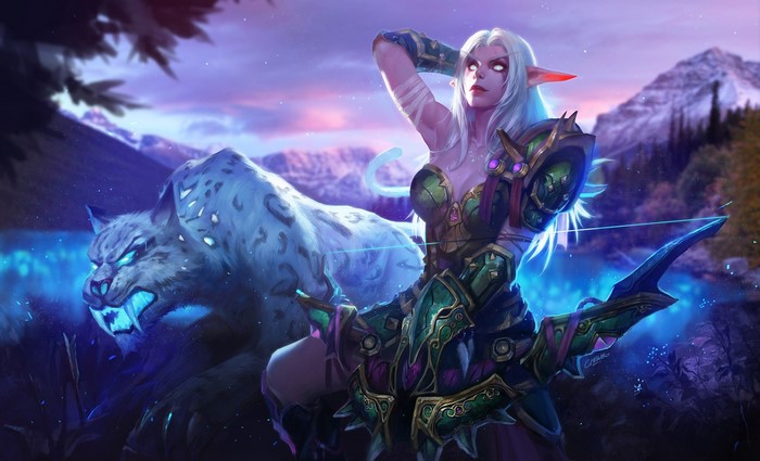 women, artwork, tiger, World of Warcraft, elves, fantasy art, white tigers