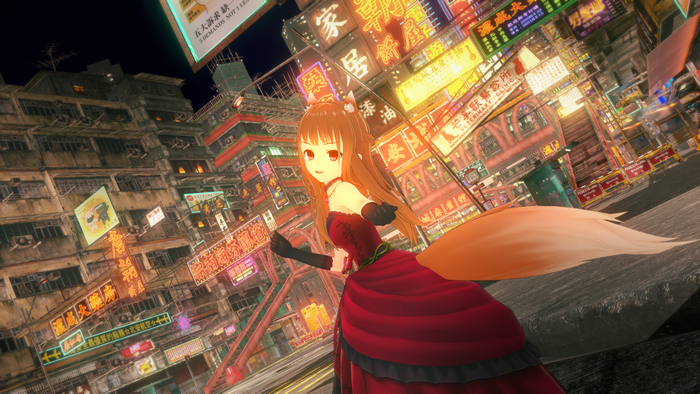4K, city lights, dress, Holo (Spice and Wolf), red eyes, tail, Spice and Wolf