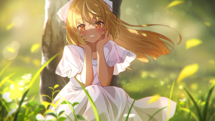 Virtual Youtuber, anime, Shiranui Flare, long hair, grass, blonde, dark skin, dress, anime girls, orange eyes, Hololive, Narumi Nanami, sitting, dark elf, elves, smiling, blush