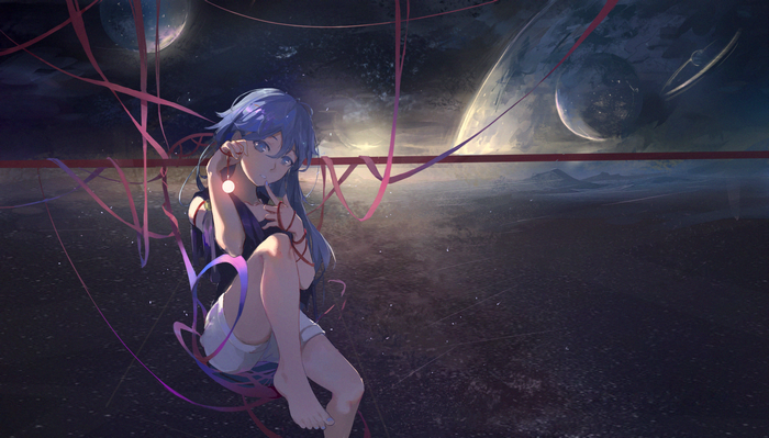 Fu Hua, Orchid Dale, Honkai, anime, ribbons, stars, mountains, artwork, anime girls, blue eyes, barefoot, blue hair, blue nails, planet, long hair, Honkai Impact 3rd, space, looking at viewer