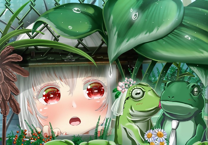 Anime Girl with White Hair and Blushing Frog Couple